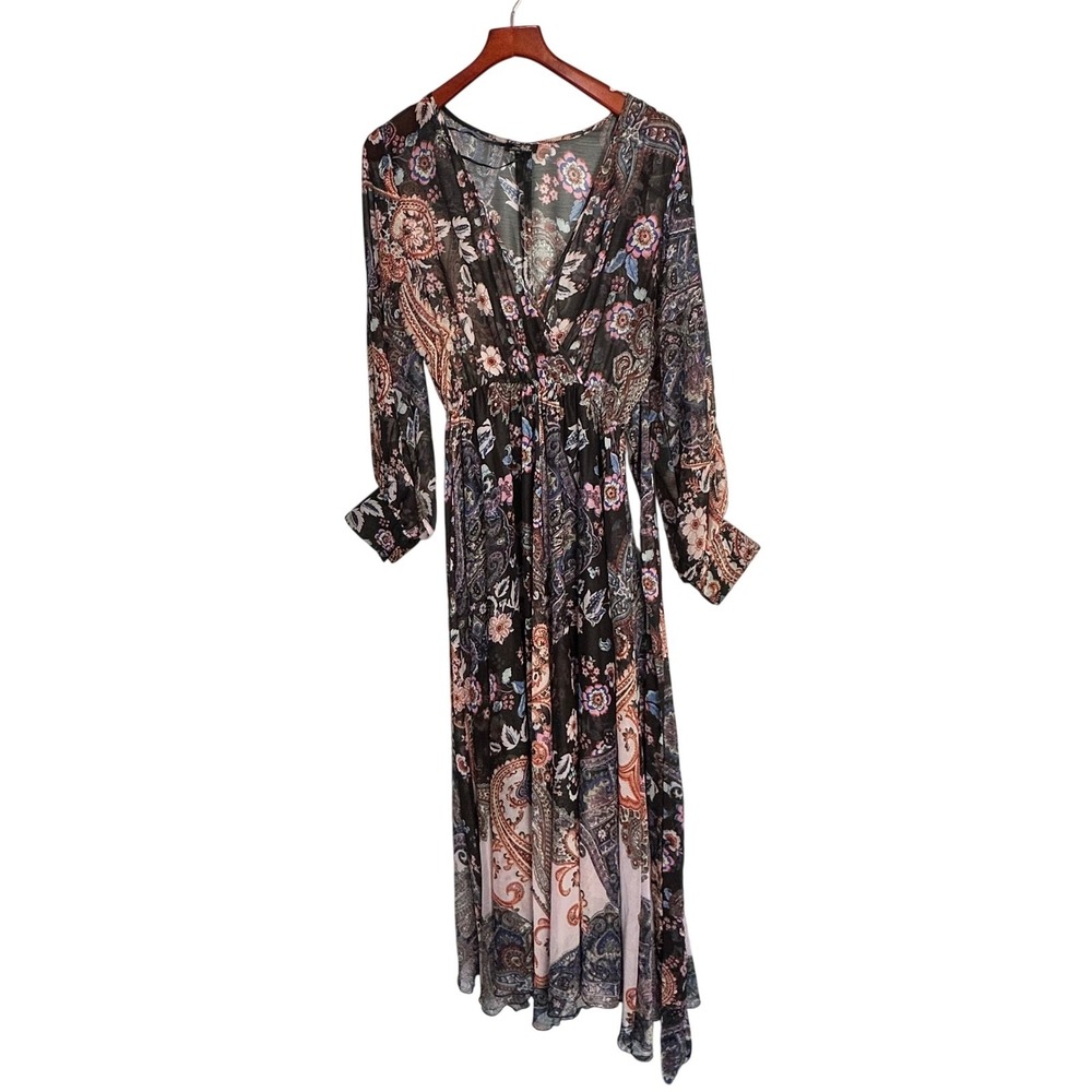 Spy Zone Exchange Paisley Print Sheer Maxi Dress Long Sleeve V‎ Neck Womens M
